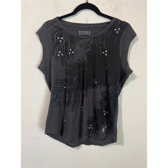 Guess Sz M Black Tee Shirt with Crystal Embellishments Cap Sleeve - Picture 1 of 7